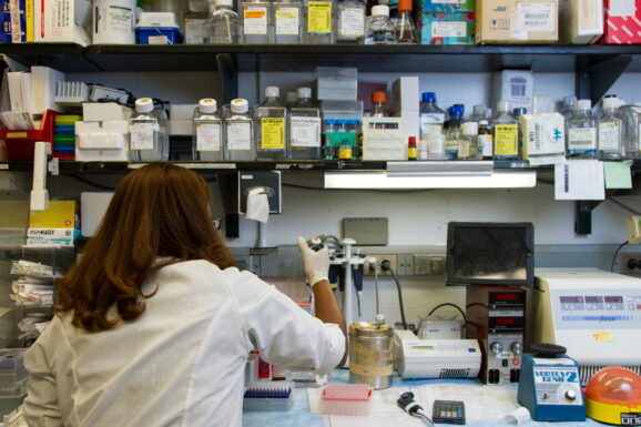Person working on a lab bench with chemicals on shelves infront of them