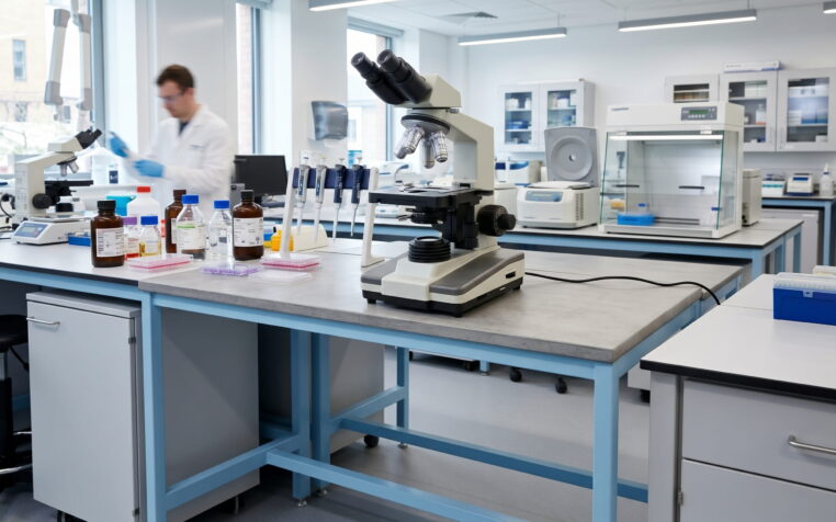 Microscope on a lab bench in a laboratory