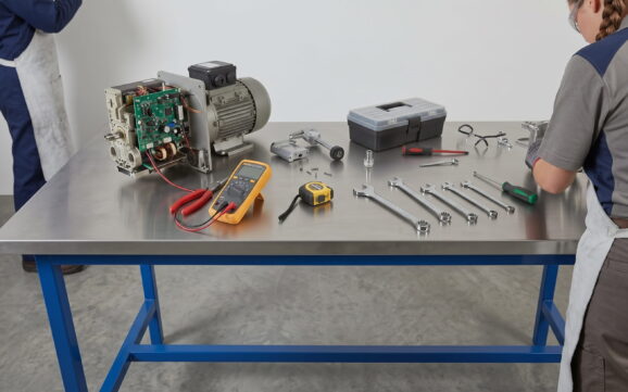 person working on a lab bench with equipment on it